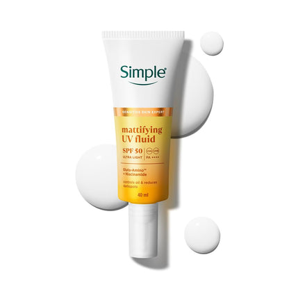 Simple Mattifying UV Fluid SPF 50 PA++++ Sunscreen, 40ml, with Niacinamide, Lightweight Formula for Oily Skin - front view