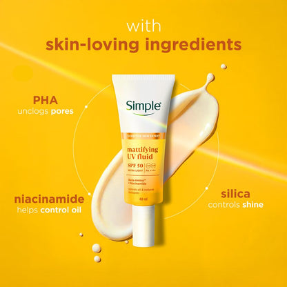 Simple Mattifying UV Fluid SPF 50 PA++++ Sunscreen, 40ml, with Niacinamide, Lightweight Formula for Oily Skin - label detail