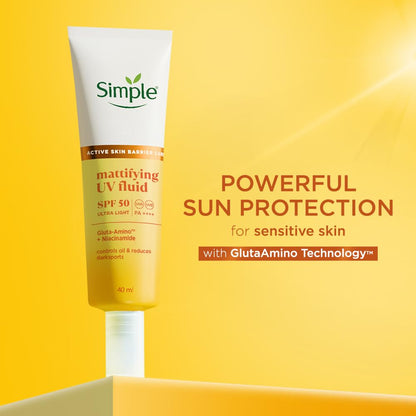Simple Mattifying UV Fluid SPF 50 PA++++ Sunscreen, 40ml, with Niacinamide, Lightweight Formula for Oily Skin - close-up deta