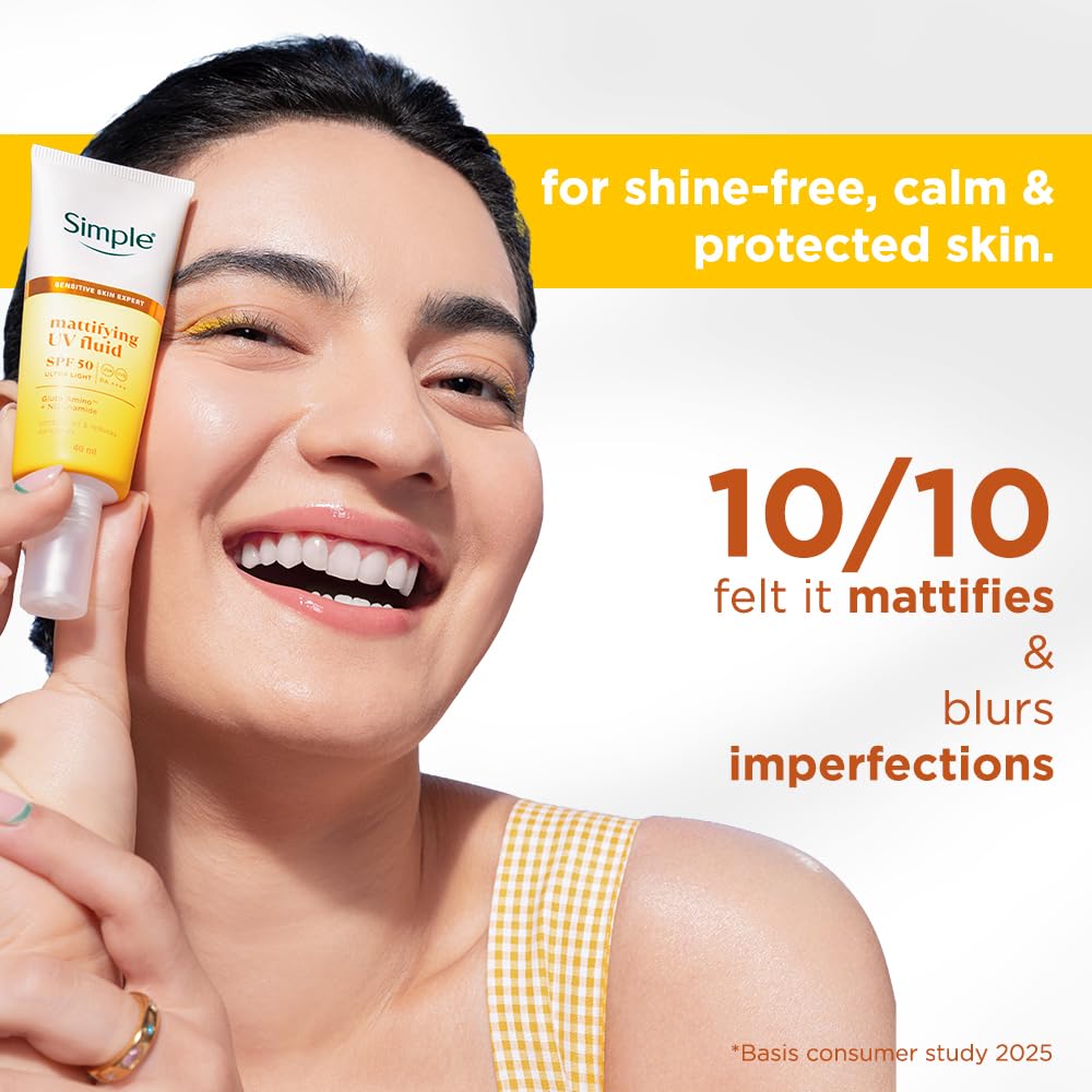 Simple Mattifying UV Fluid SPF 50 PA++++ Sunscreen, 40ml, with Niacinamide, Lightweight Formula for Oily Skin - in use