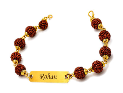SirDaksh Personalized Rudraksha Rakhi Bracelet with Name for Brother, Customized Gold Colour Name ID Bracelet, Adjustable 17–