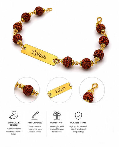 SirDaksh Personalized Rudraksha Rakhi Bracelet with Name for Brother, Customized Gold Colour Name ID Bracelet, Adjustable 17–
