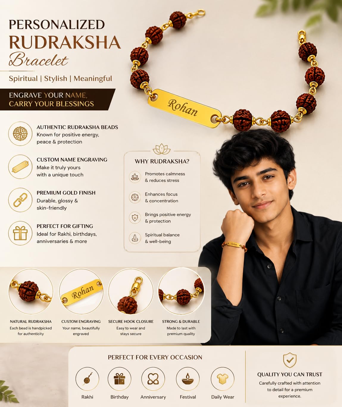 SirDaksh Personalized Rudraksha Rakhi Bracelet with Name for Brother, Customized Gold Colour Name ID Bracelet, Adjustable 17–
