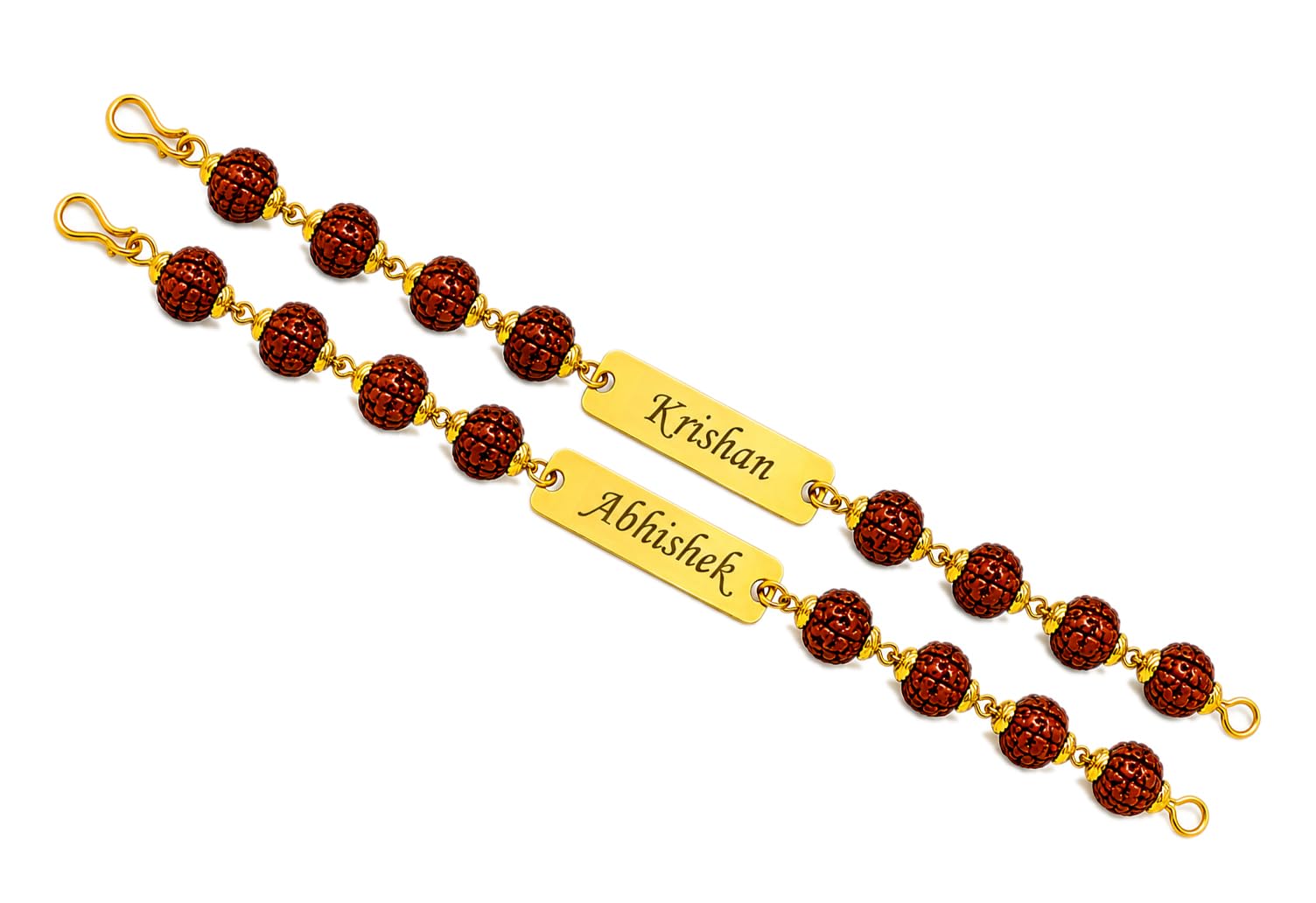 SirDaksh Personalized Rudraksha Rakhi Bracelet with Name for Brother, Customized Gold Colour Name ID Bracelet, Adjustable 17–