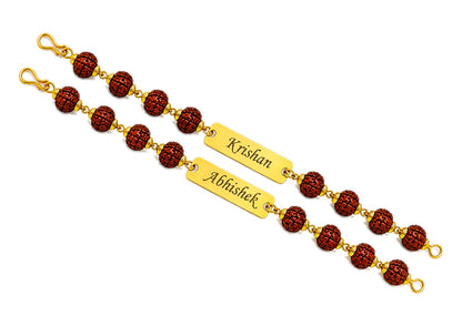 SirDaksh Personalized Rudraksha Rakhi Bracelet with Name for Brother, Customized Gold Colour Name ID Bracelet, Adjustable 17–