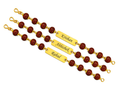 SirDaksh Personalized Rudraksha Rakhi Bracelet with Name for Brother, Customized Gold Colour Name ID Bracelet, Adjustable 17–