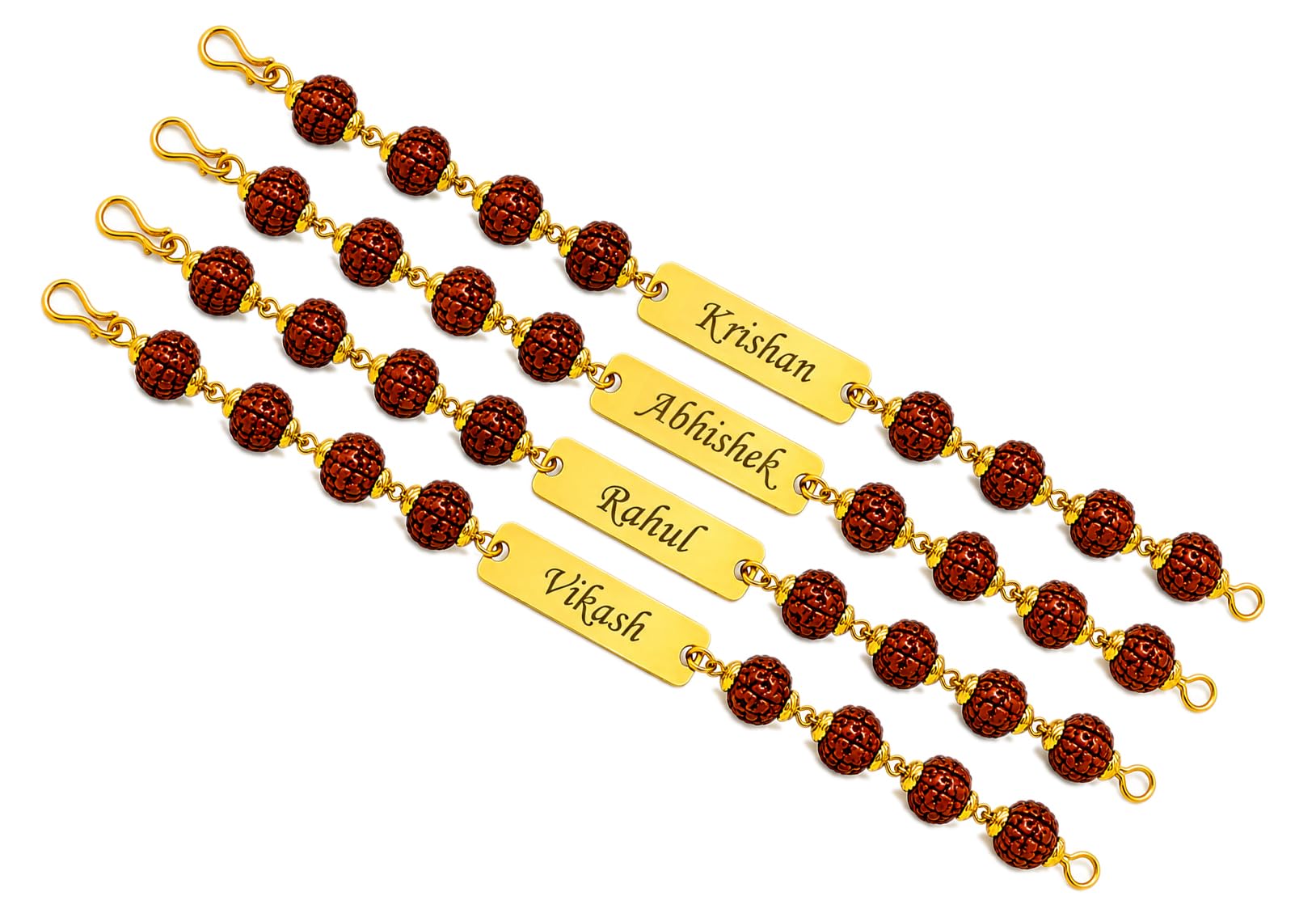 SirDaksh Personalized Rudraksha Rakhi Bracelet with Name for Brother, Customized Gold Colour Name ID Bracelet, Adjustable 17–