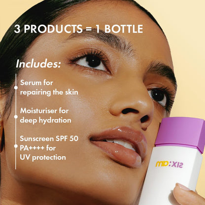 sixam glow 3-in-1 Korean Sunscreen SPF 50 PA++++ with Niacinamide & Bisabolol, 50g, Daily Sun Protection Serum - back view