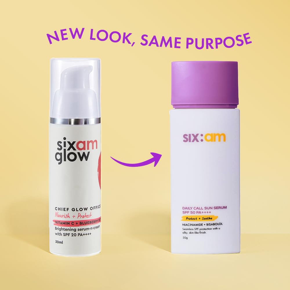 sixam glow 3-in-1 Korean Sunscreen SPF 50 PA++++ with Niacinamide & Bisabolol, 50g, Daily Sun Protection Serum - packaging