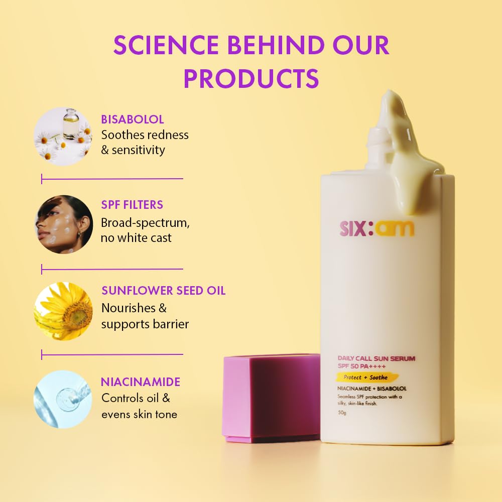 sixam glow 3-in-1 Korean Sunscreen SPF 50 PA++++ with Niacinamide & Bisabolol, 50g, Daily Sun Protection Serum - label detail