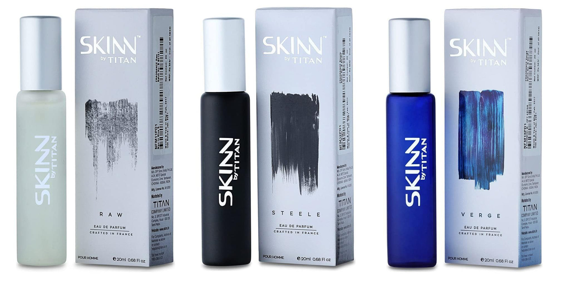 Skinn By Titan Classic Men's Eau de Parfum Gift Set, 20ml, 3-Pack: RAW, STEELE, VERGE