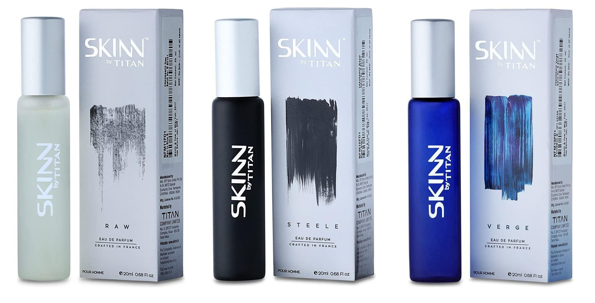 Skinn By Titan Classic Men's Eau de Parfum Gift Set, 20ml, 3-Pack: RAW, STEELE, VERGE