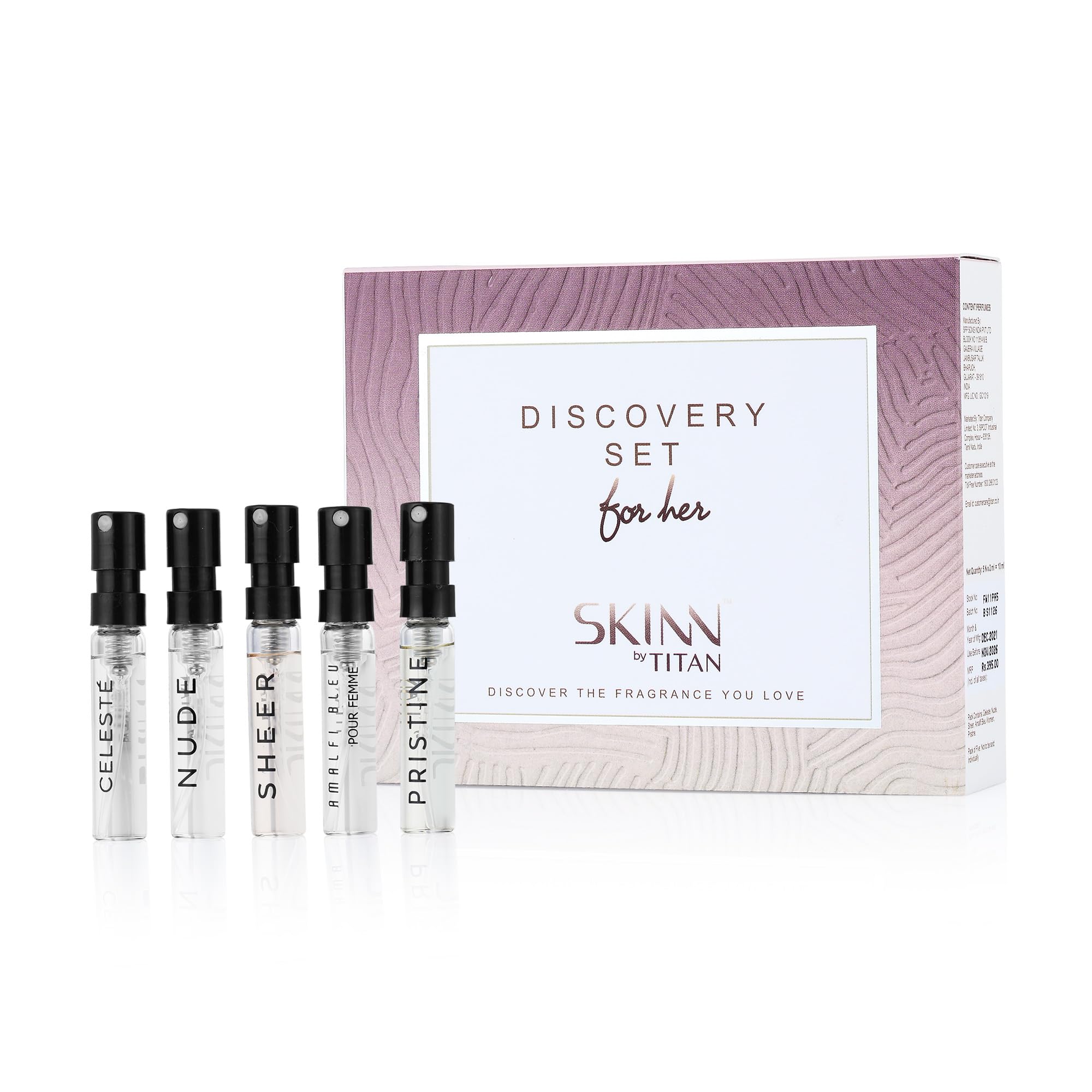 Skinn By Titan Discovery Kit of 5 Eau de Parfum Minis, 2 ml Each, Celeste Nude Sheer Pristine Amalfi Bleu, Women Gift Set