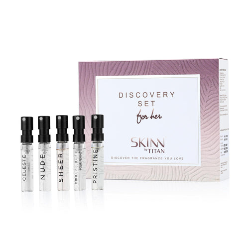 Skinn By Titan Discovery Kit of 5 Eau de Parfum Minis, 2 ml Each, Celeste Nude Sheer Pristine Amalfi Bleu, Women Gift Set