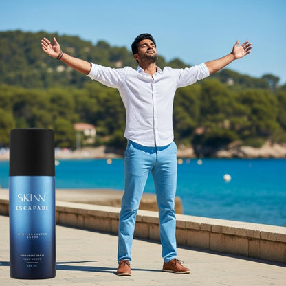Skinn By Titan Escapade Mediterranean Grove Deodorant, 150 ml, Fresh & Spicy Scent for Men - packaging