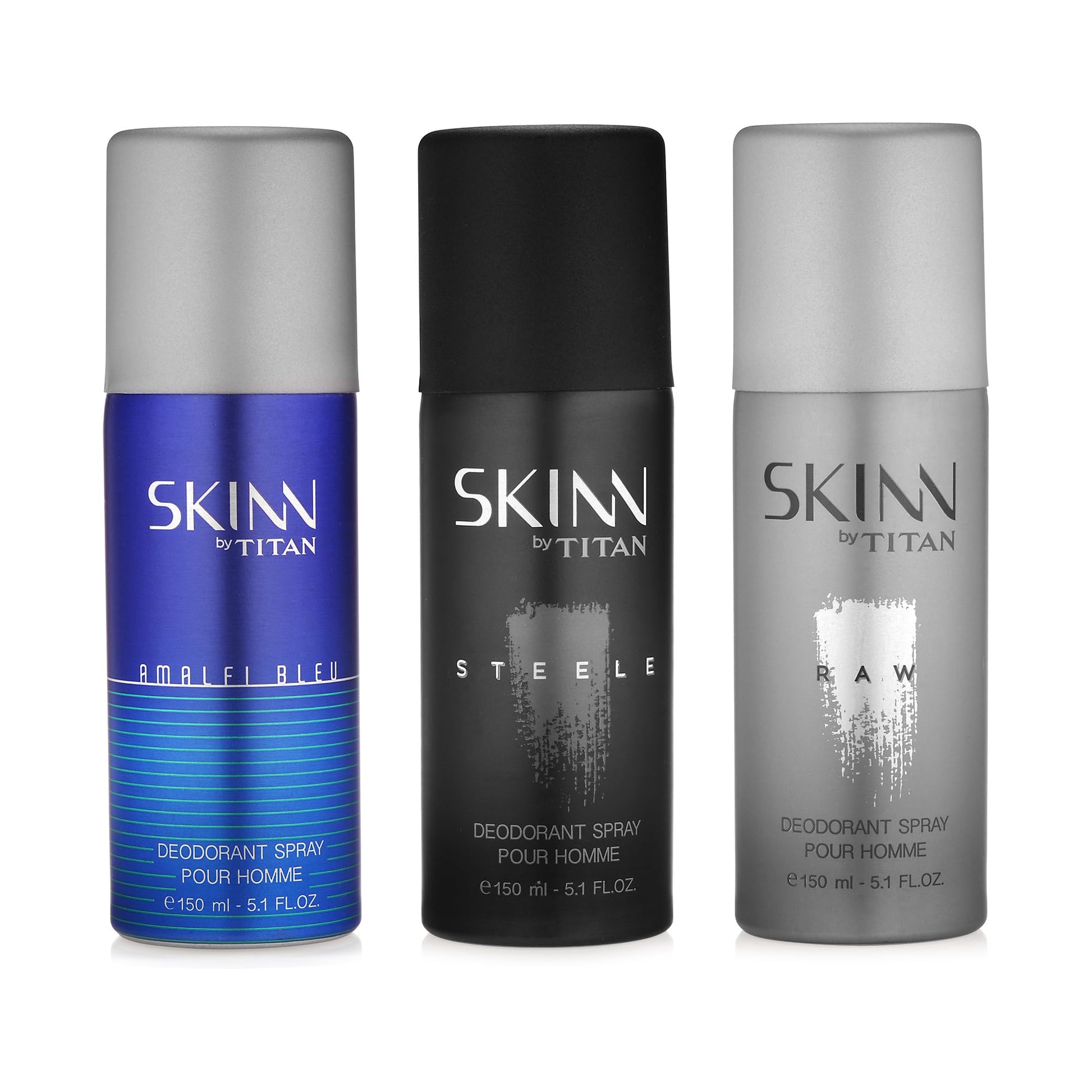 Skinn By Titan Men's Deodorant Spray Gift Set, 3x150ml (Raw, Steele, Amalfi)