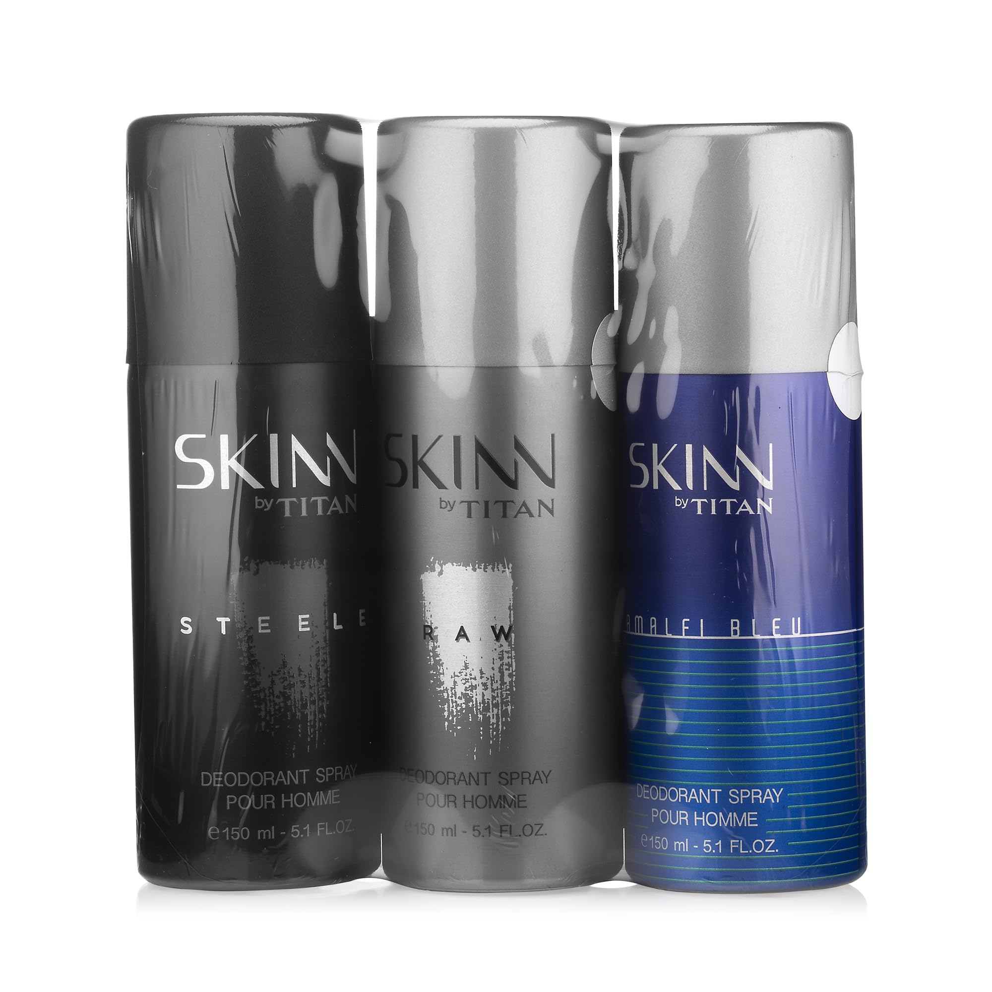 Skinn By Titan Men's Deodorant Spray Gift Set, 3x150ml (Raw, Steele, Amalfi) - front view