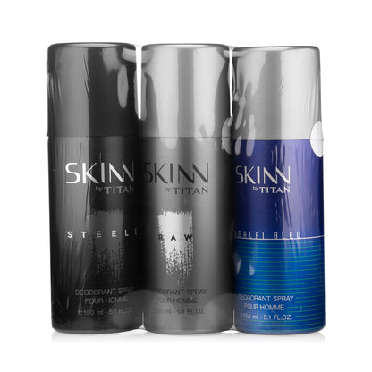 Skinn By Titan Men's Deodorant Spray Gift Set, 3x150ml (Raw, Steele, Amalfi) - front view
