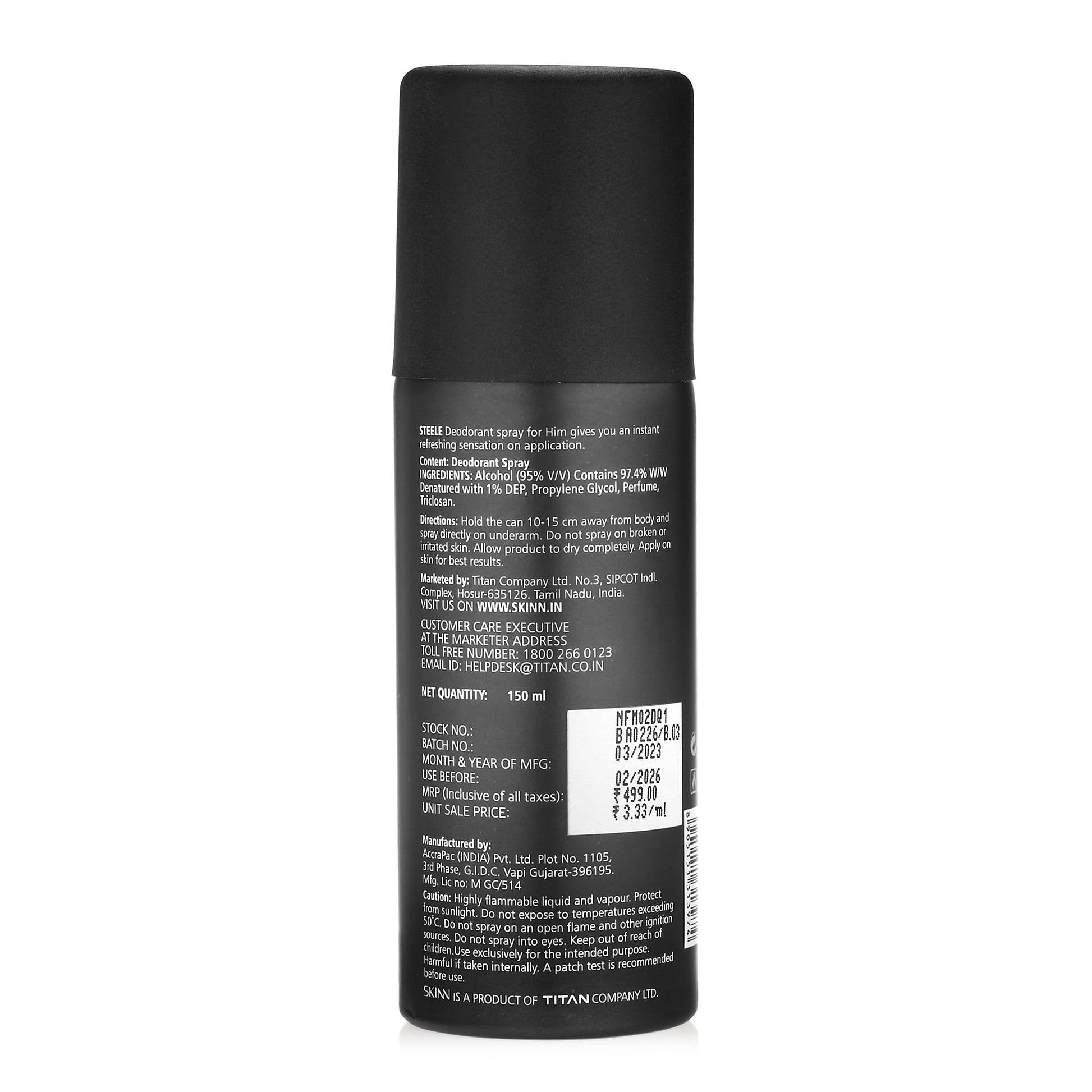 Skinn By Titan Men's Deodorant Spray Gift Set, 3x150ml (Raw, Steele, Amalfi) - back view