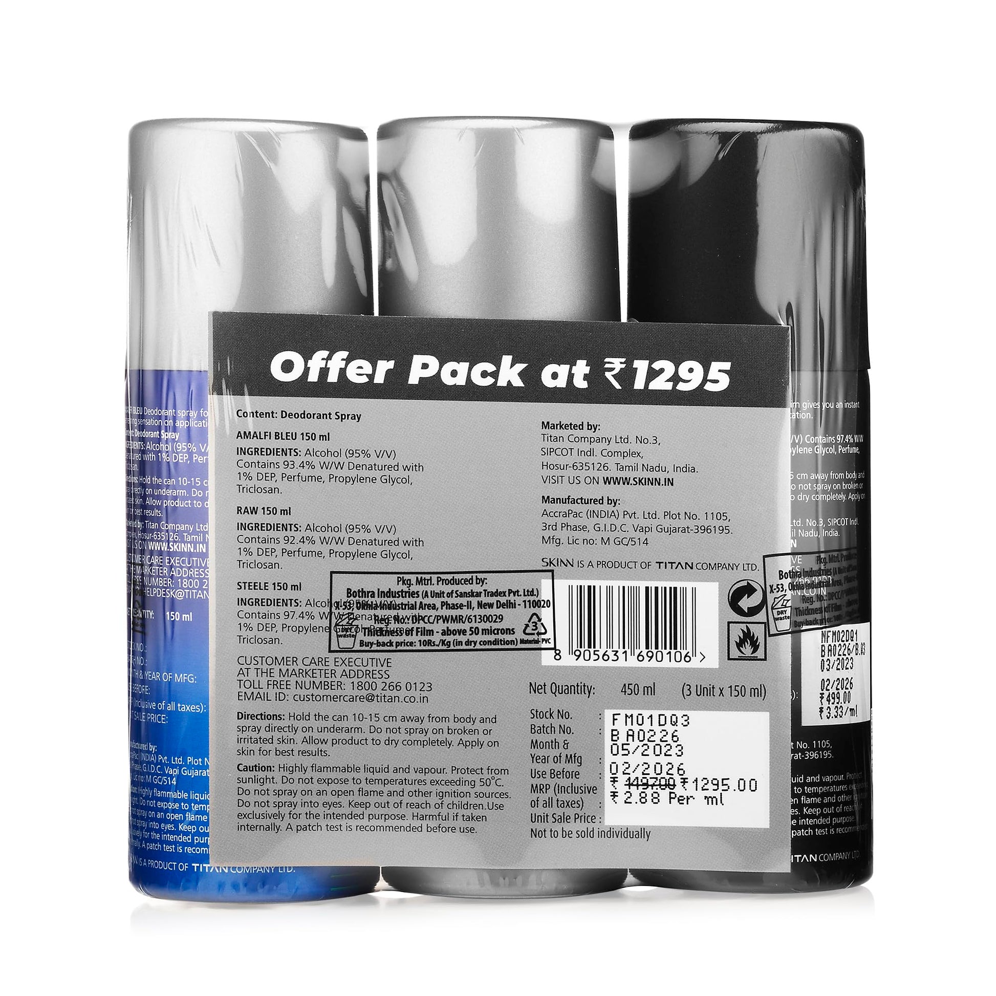 Skinn By Titan Men's Deodorant Spray Gift Set, 3x150ml (Raw, Steele, Amalfi) - ingredients panel