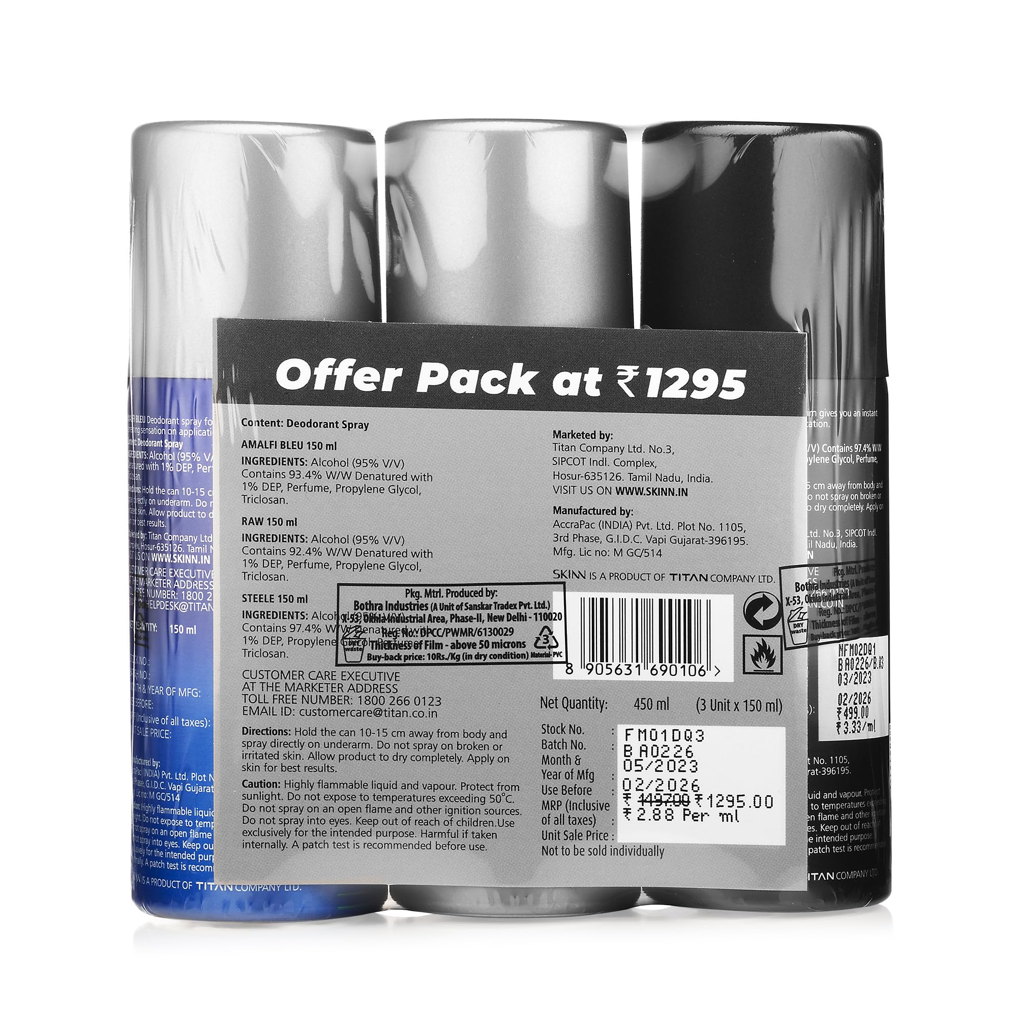 Skinn By Titan Men's Deodorant Spray Gift Set, 3x150ml (Raw, Steele, Amalfi) - ingredients panel