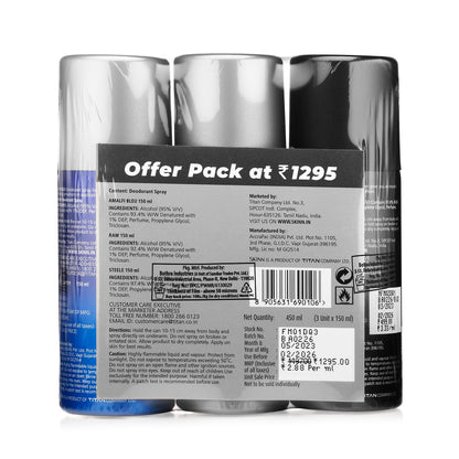 Skinn By Titan Men's Deodorant Spray Gift Set, 3x150ml (Raw, Steele, Amalfi) - ingredients panel