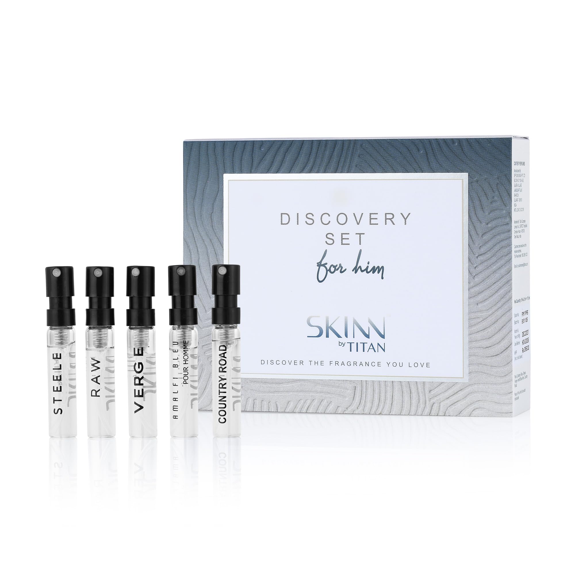 Skinn By Titan Men's Discovery Kit, 5 x 2ml Eau de Parfum Vials, Raw/Steele/Verge/Country Road/Amalfi Bleu