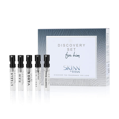 Skinn By Titan Men's Discovery Kit, 5 x 2ml Eau de Parfum Vials, Raw/Steele/Verge/Country Road/Amalfi Bleu