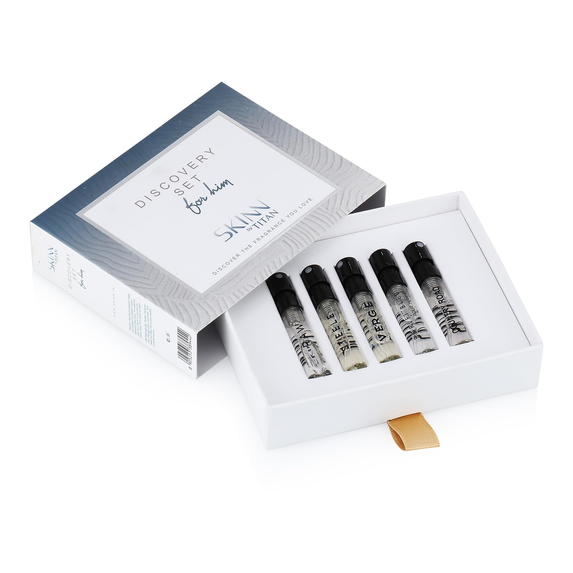 Skinn By Titan Men's Discovery Kit, 5 x 2ml Eau de Parfum Vials, Raw/Steele/Verge/Country Road/Amalfi Bleu - packaging