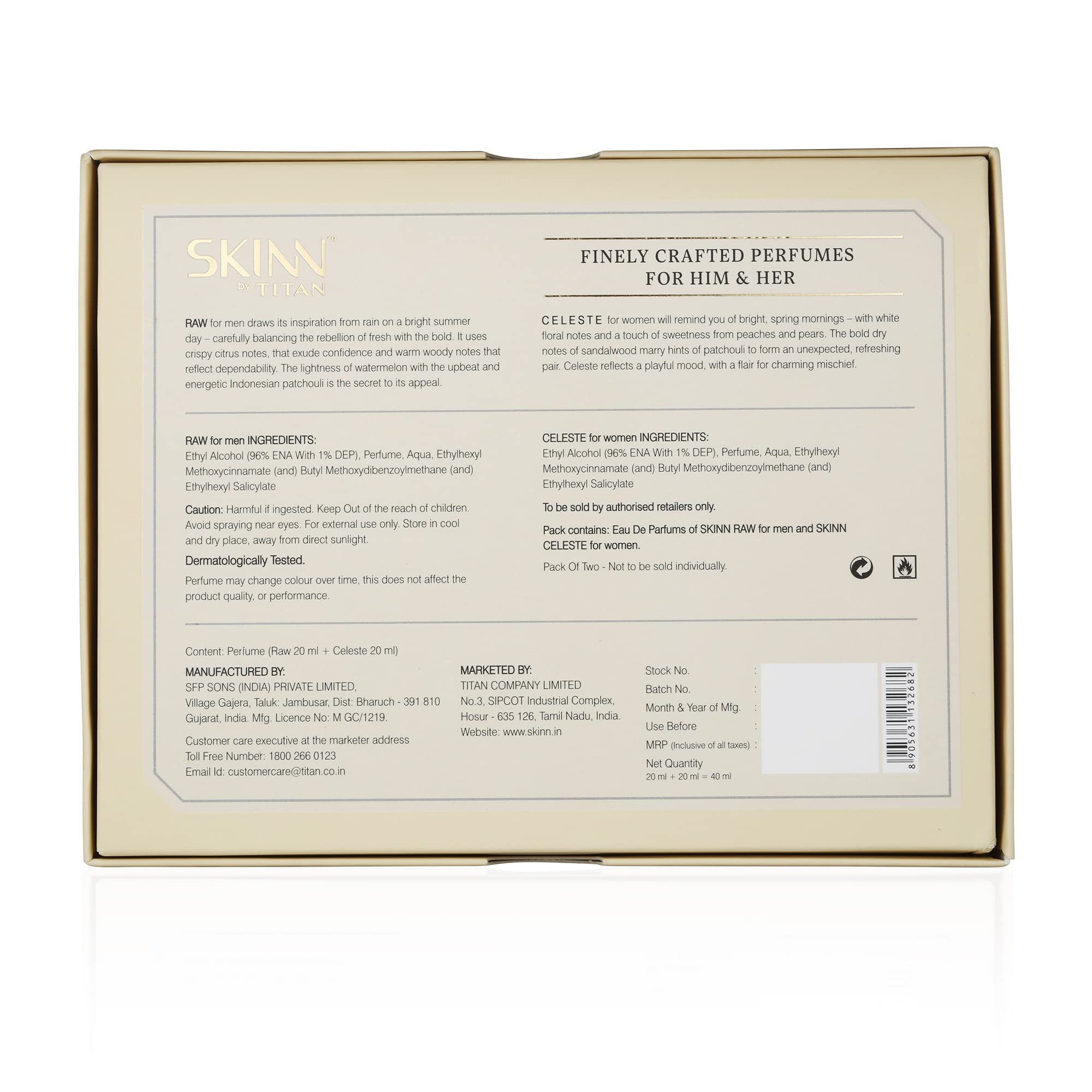 Skinn By Titan Raw & Celeste Eau De Parfum Gift Set, 25ml x 2, Unisex, Modern, IFRA Certified - packaging