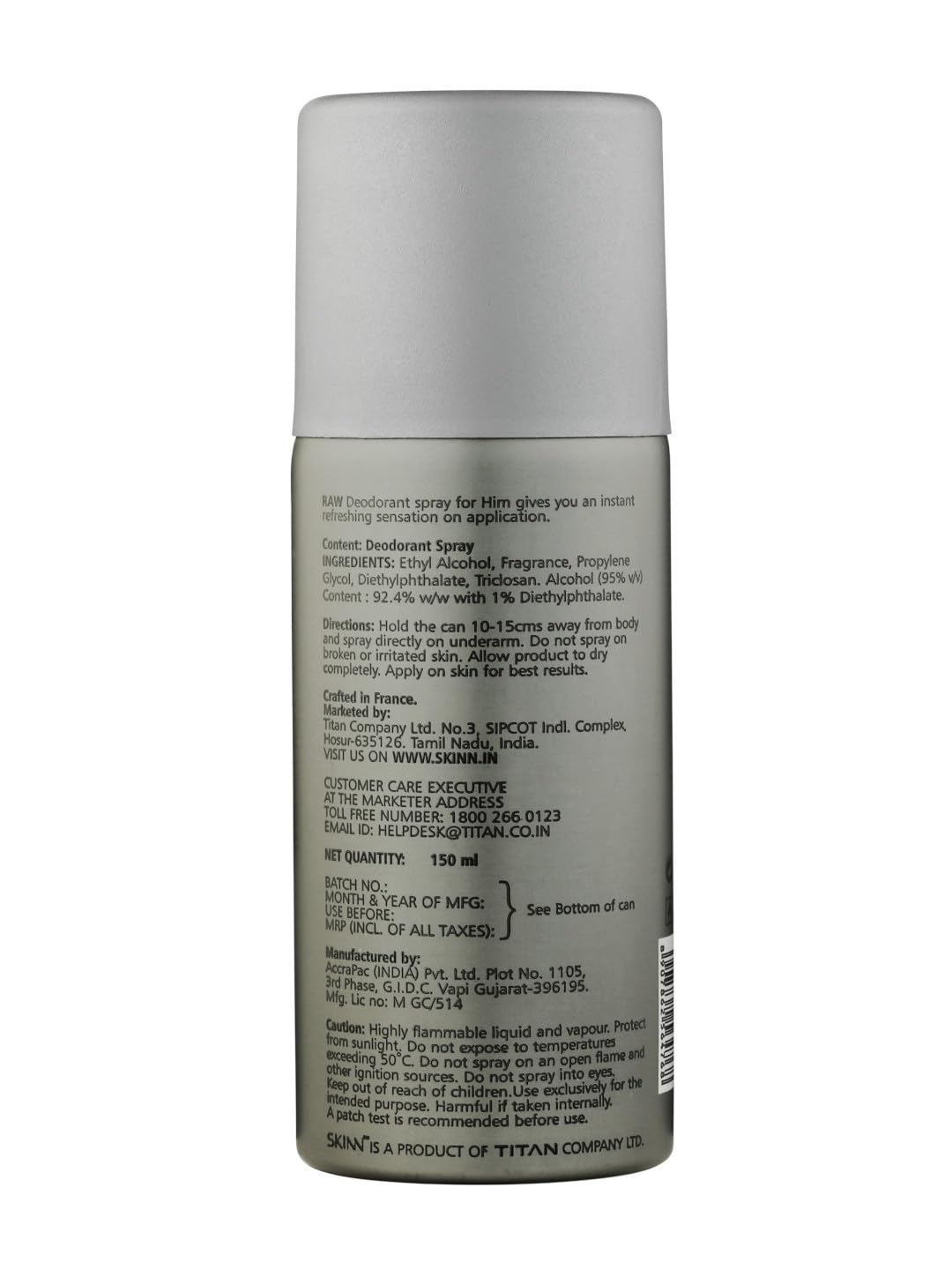 Skinn By Titan Raw Deodorant Spray for Men, 150 mL, Modern Eau De Parfum - front view