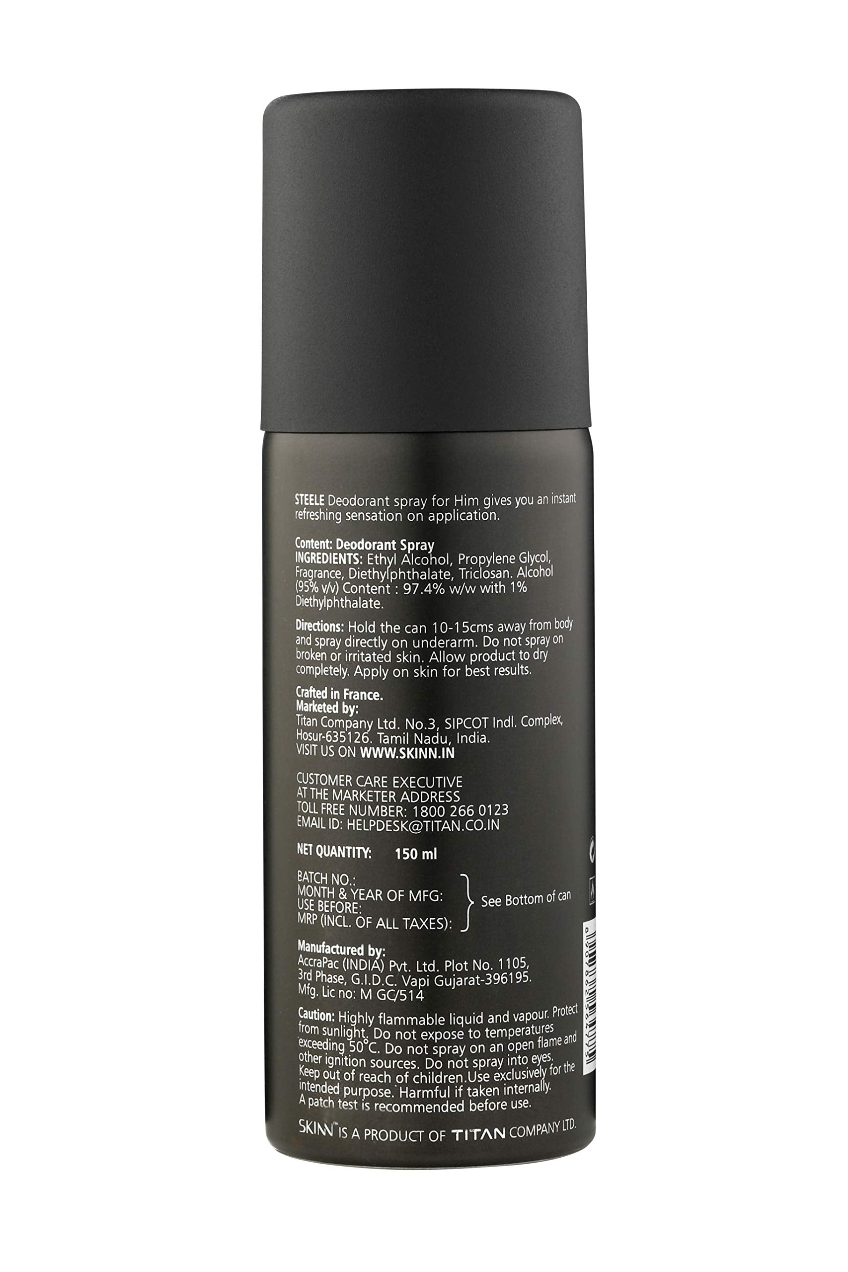 Skinn By Titan Raw Deodorant Spray for Men, 150 mL, Modern Eau De Parfum - front view (4)