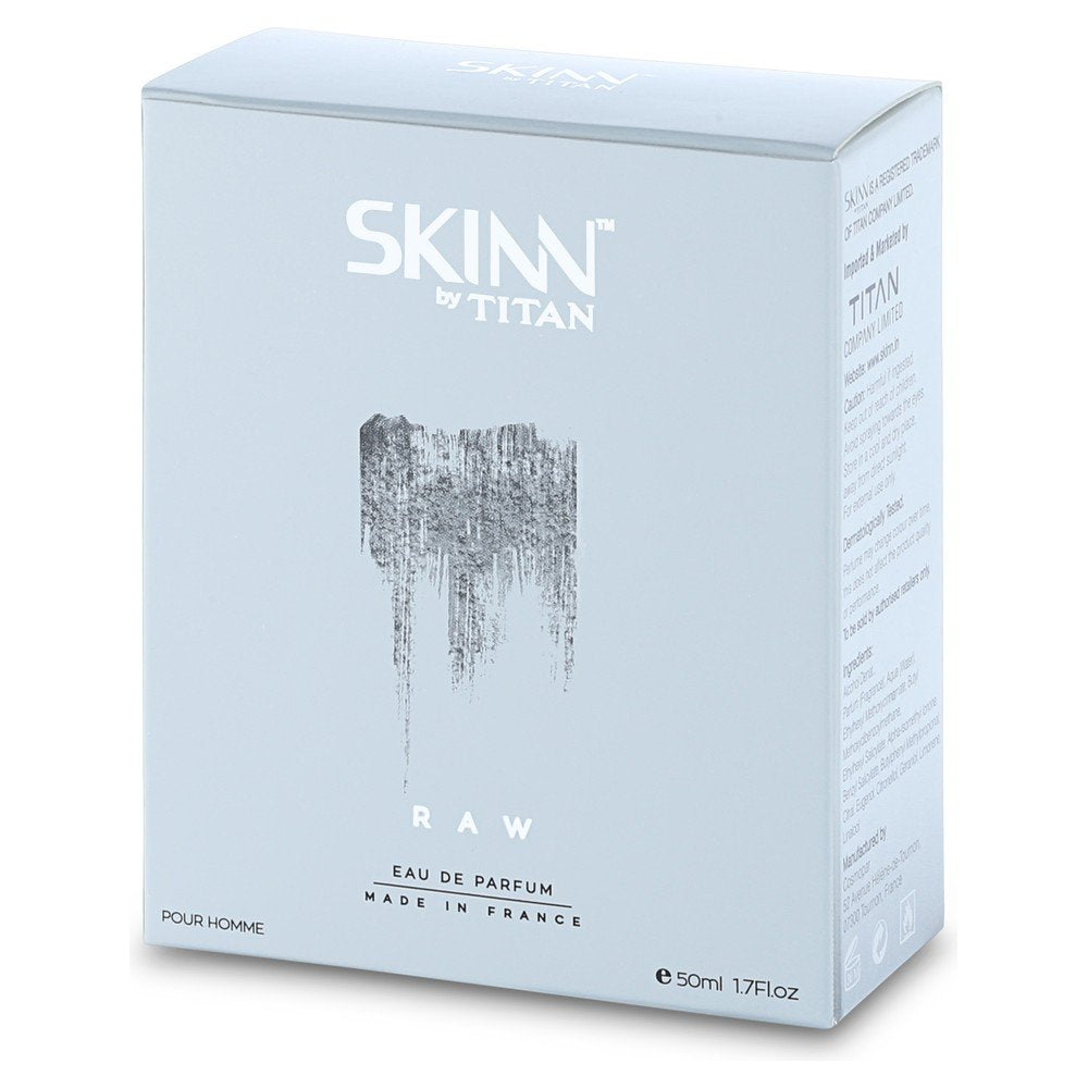 Skinn By Titan Raw Eau de Parfum for Men, 50ml Spray, Woody Cologne with Bergamot and Patchouli - label detail