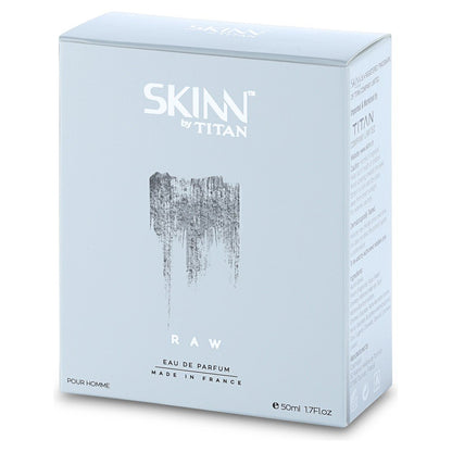 Skinn By Titan Raw Eau de Parfum for Men, 50ml Spray, Woody Cologne with Bergamot and Patchouli - label detail