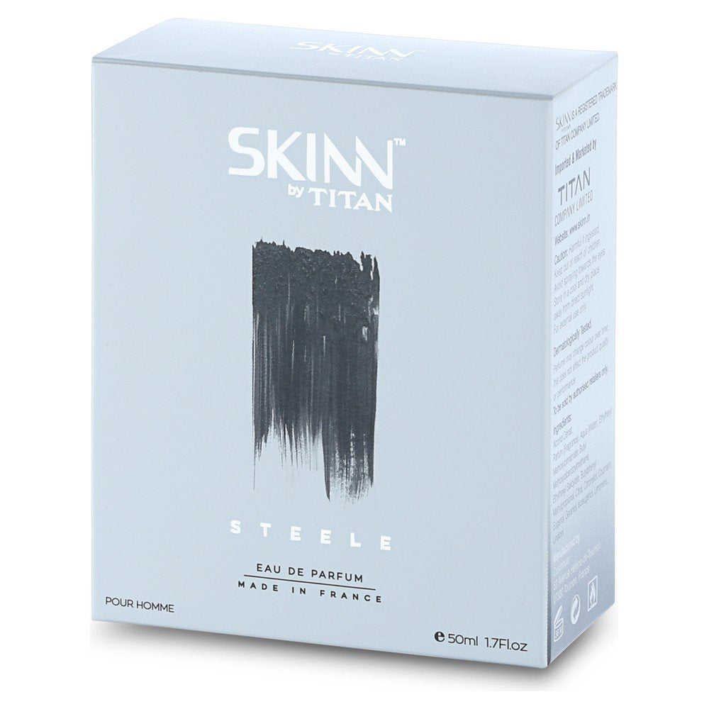 Skinn By Titan Steele Eau de Parfum for Men, Long Lasting Fresh Cologne Fragrance, Single Bottle - label detail (15)