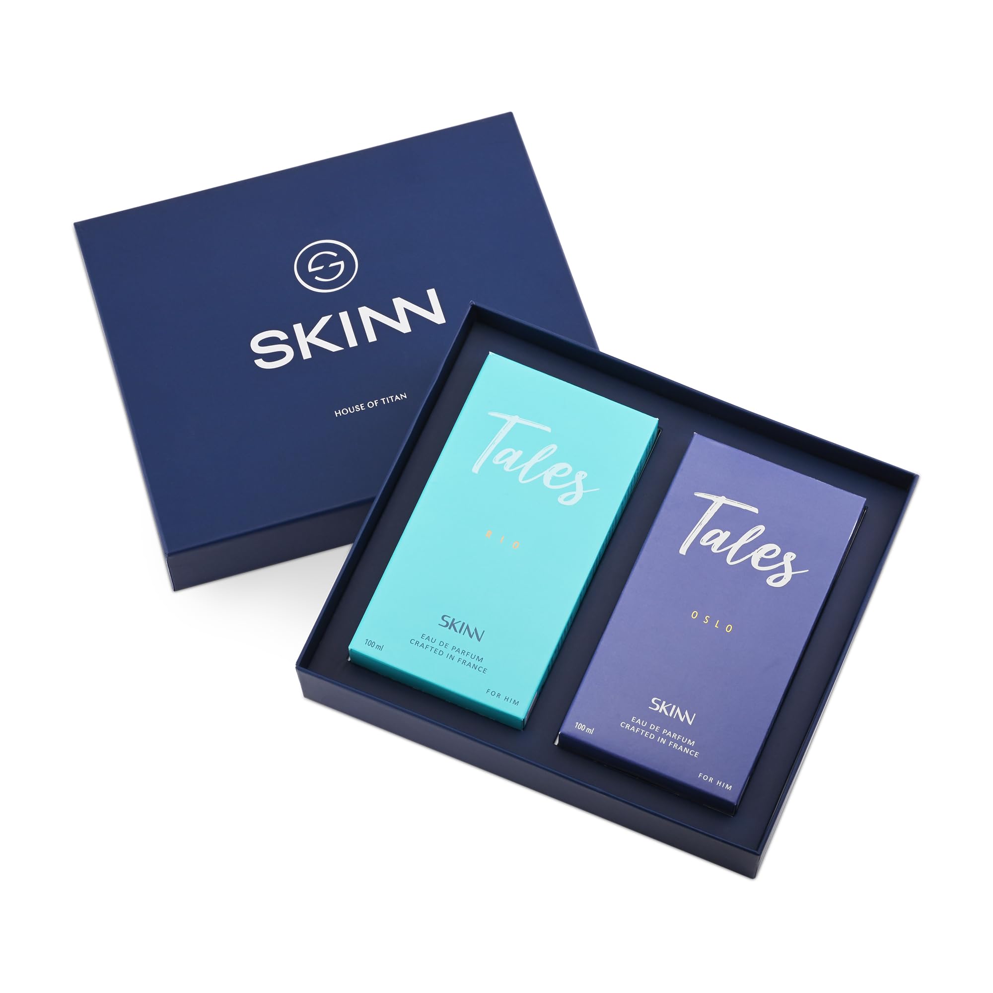 Skinn By Titan Tales Oslo & Rio Eau de Parfum Gift Set for Men, 2 x 100ml, Woody and Aquatic Notes - packaging