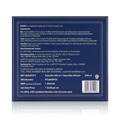 Skinn By Titan Tales Oslo & Rio Eau de Parfum Gift Set for Men, 2 x 100ml, Woody and Aquatic Notes - label detail