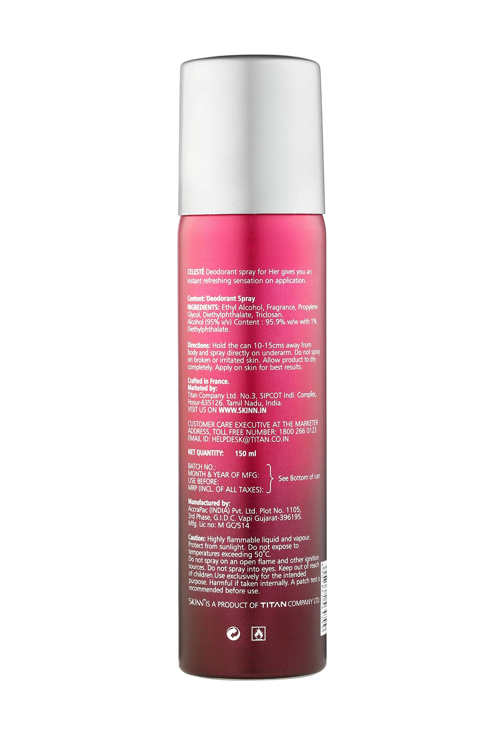 Skinn By Titan Women Celeste Deodorant Spray, Beauty, IFRA-Certified, Dermatologically Tested - front view