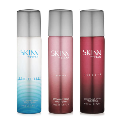 Skinn By Titan Women's Deodorant Gift Set, 3 x 150ml (Celeste, Nude, Amalfi), 530g Gross Weight