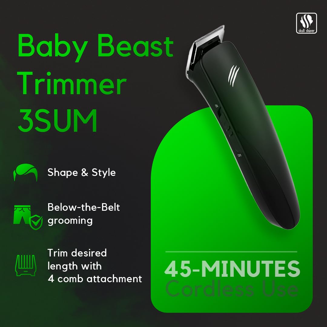Skull Shaver Baby Beast Trimmer 3SUM 3-IN-1 PRO, All-in-1 Beard, Chest & Body Trimmer, Cordless, 45 Min, 3 Attachments - fron