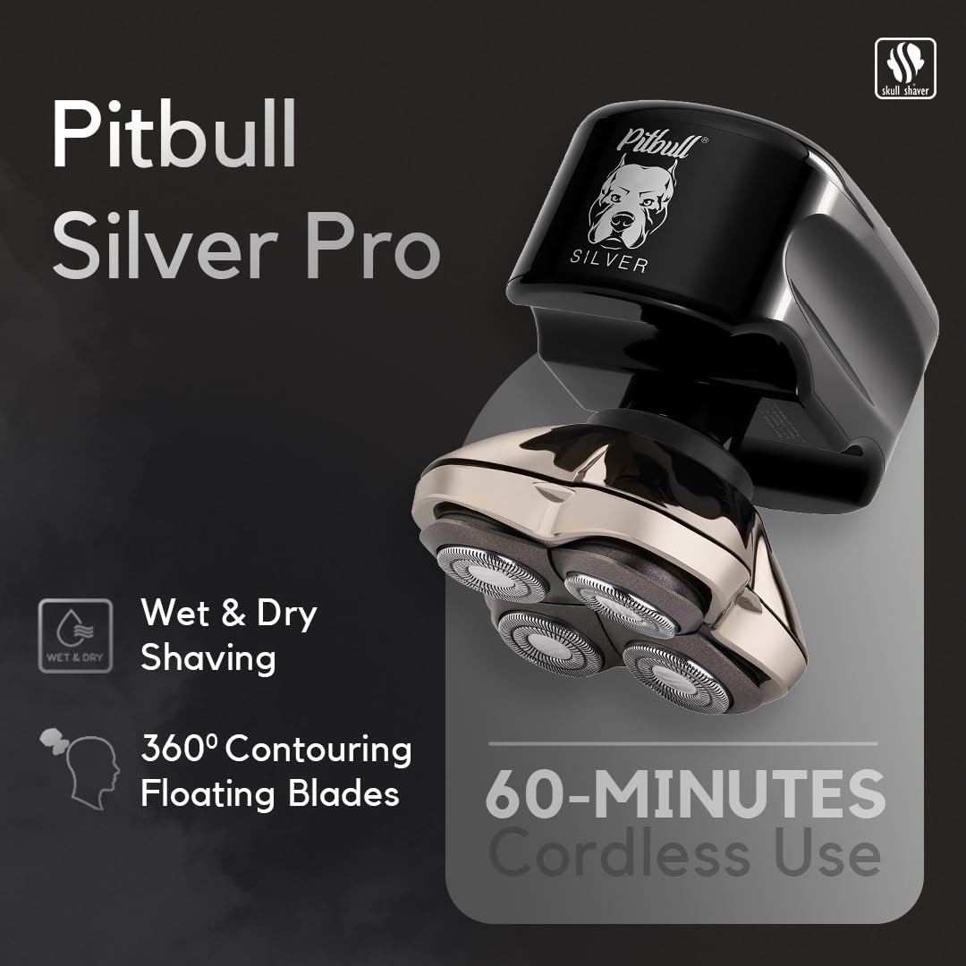 Skull Shaver Pitbull Silver PRO SX5 Electric Head Shaver for Men, Wet & Dry, IPX6 Water Resistant with Vacuum System - front