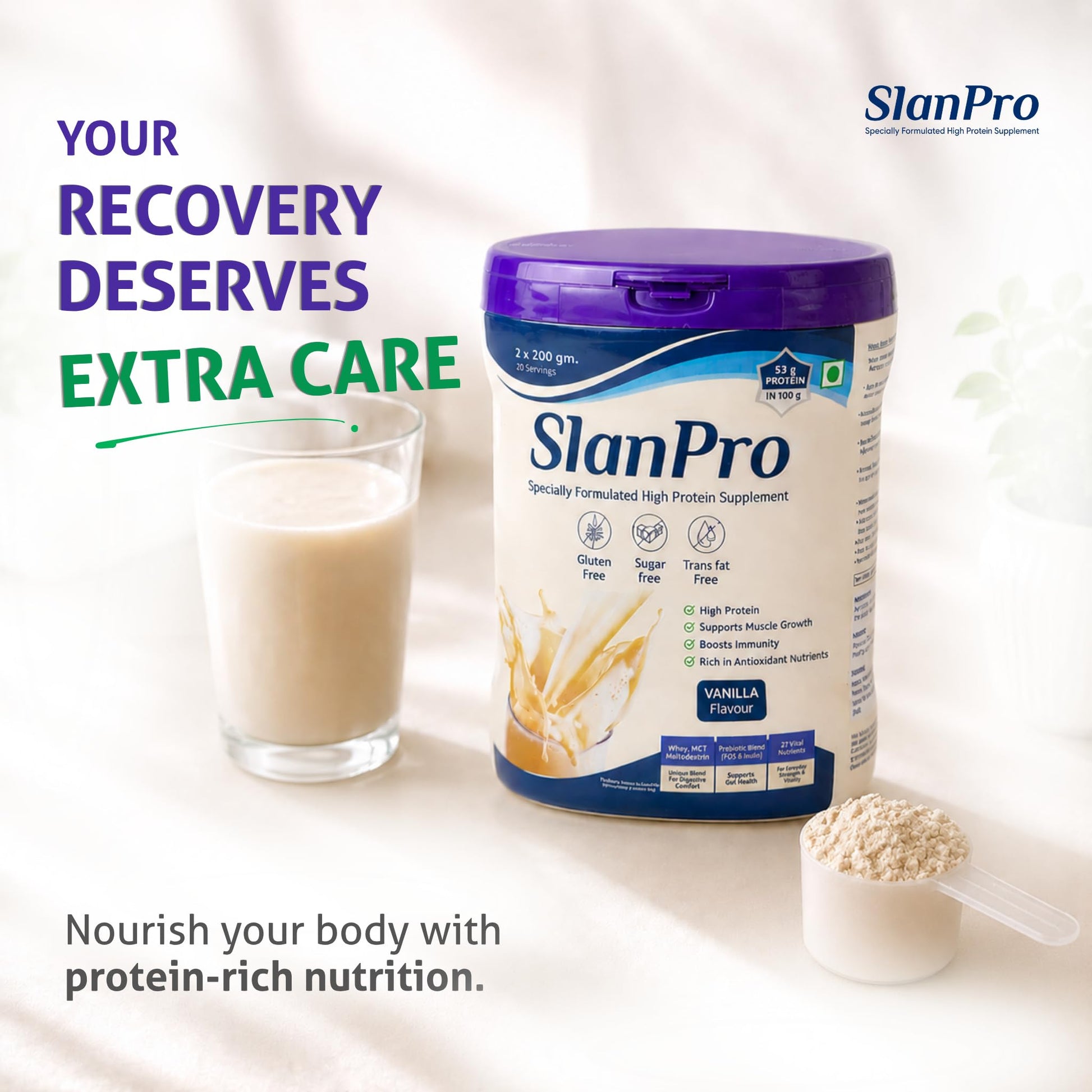 Slaney Slanpro High Protein Whey Powder, Vanilla Flavor, 400gm, Sugar Free, Gluten Free, Trans-Fat Free - back view