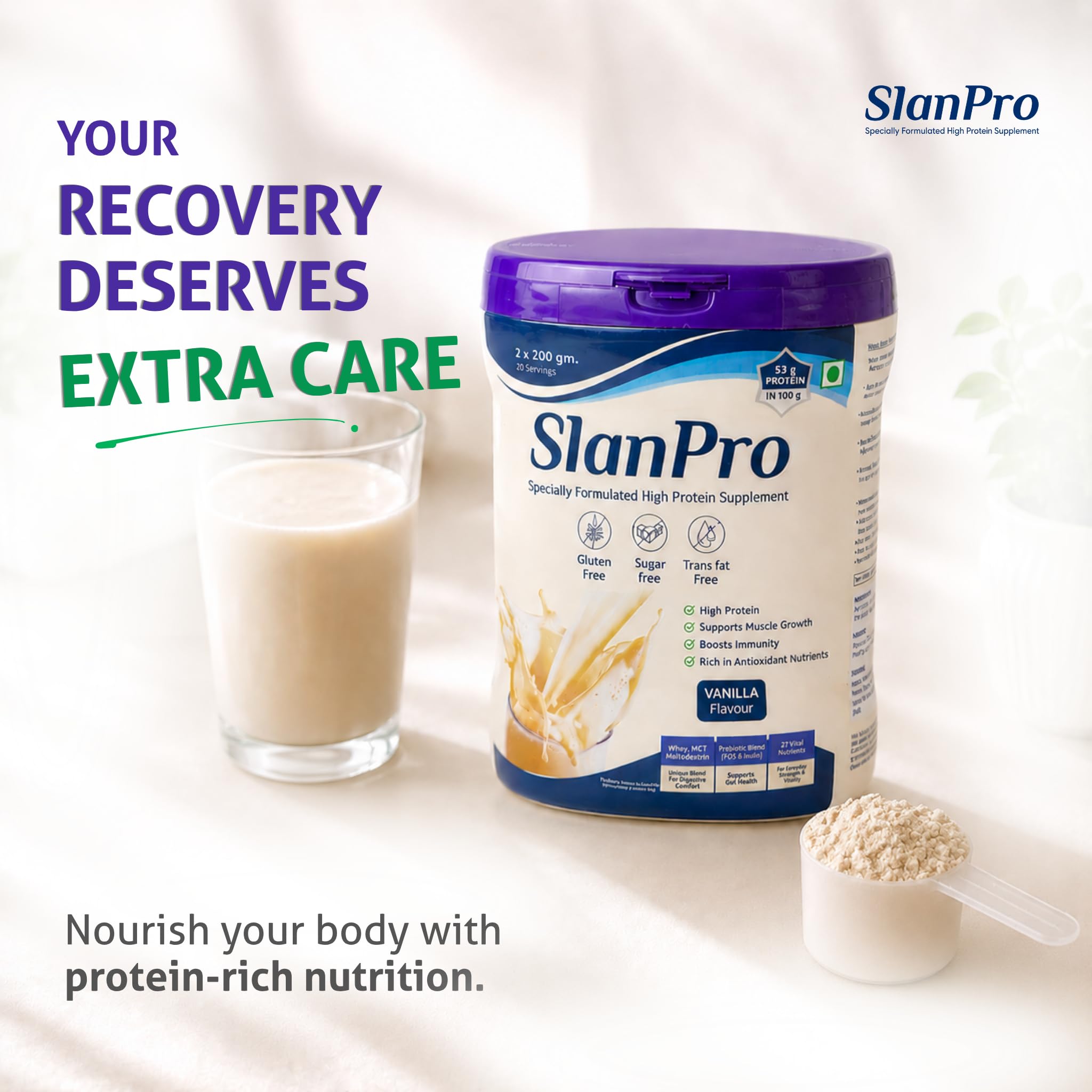 Slaney Slanpro High Protein Whey Powder, Vanilla Flavor, 400gm, Sugar Free, Gluten Free, Trans-Fat Free - back view