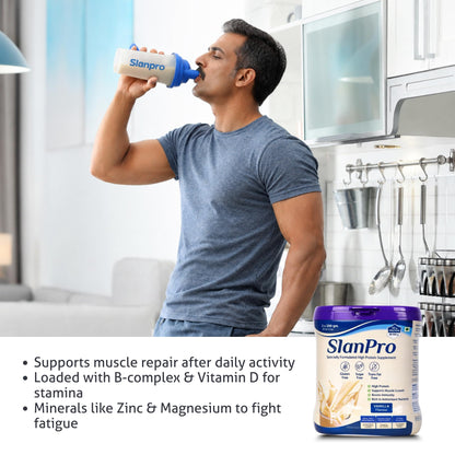 Slaney Slanpro High Protein Whey Powder, Vanilla Flavor, 400gm, Sugar Free, Gluten Free, Trans-Fat Free - packaging
