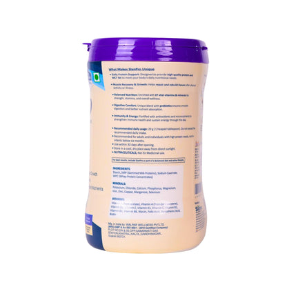 Slaney Slanpro High Protein Whey Powder, Vanilla Flavor, 400gm, Sugar Free, Gluten Free, Trans-Fat Free - size and scale