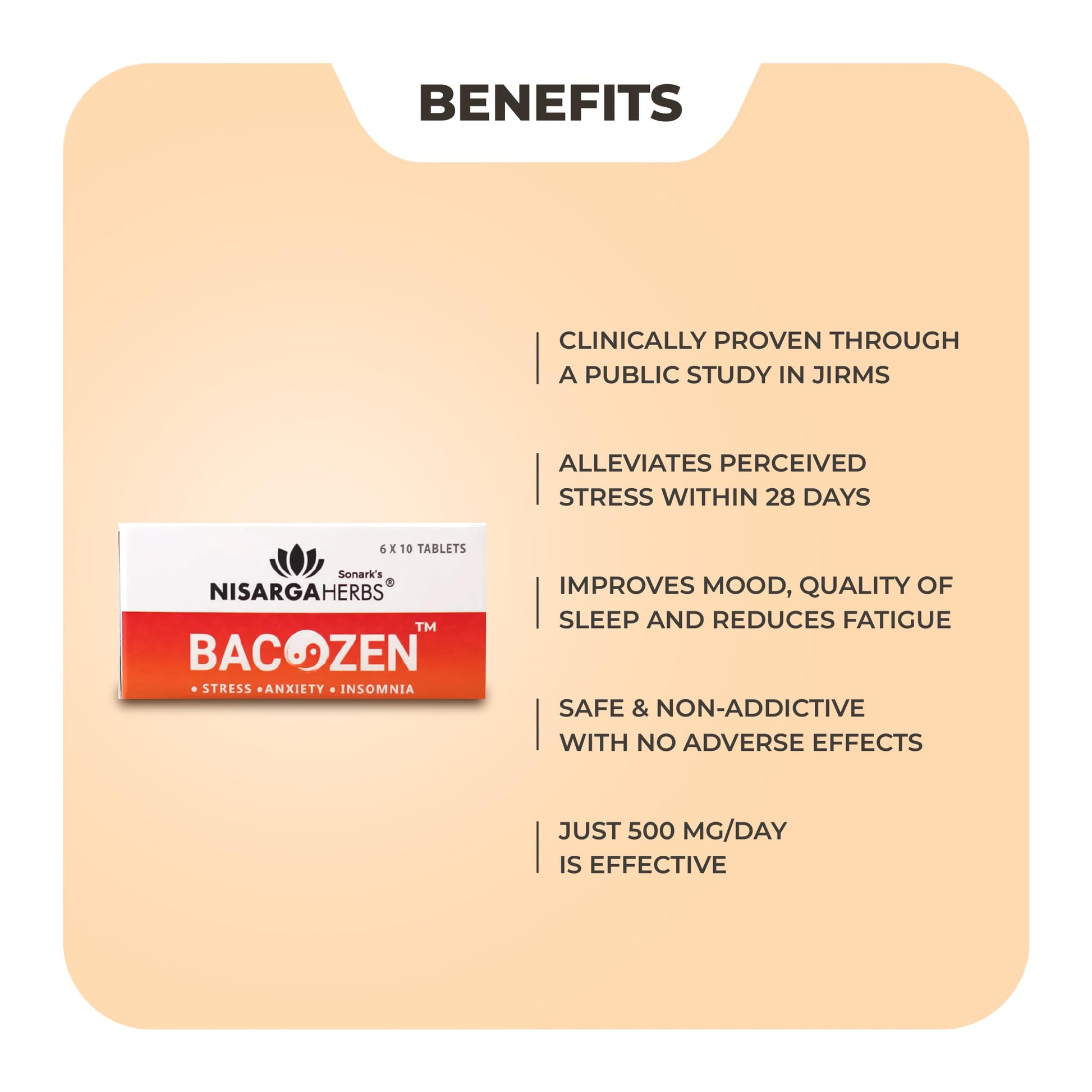 SONARK'S NISARGAHERBS Bacozen Herbal Supplement, 60 Tablets with Ashwagandha & Brahmi Extracts - front view