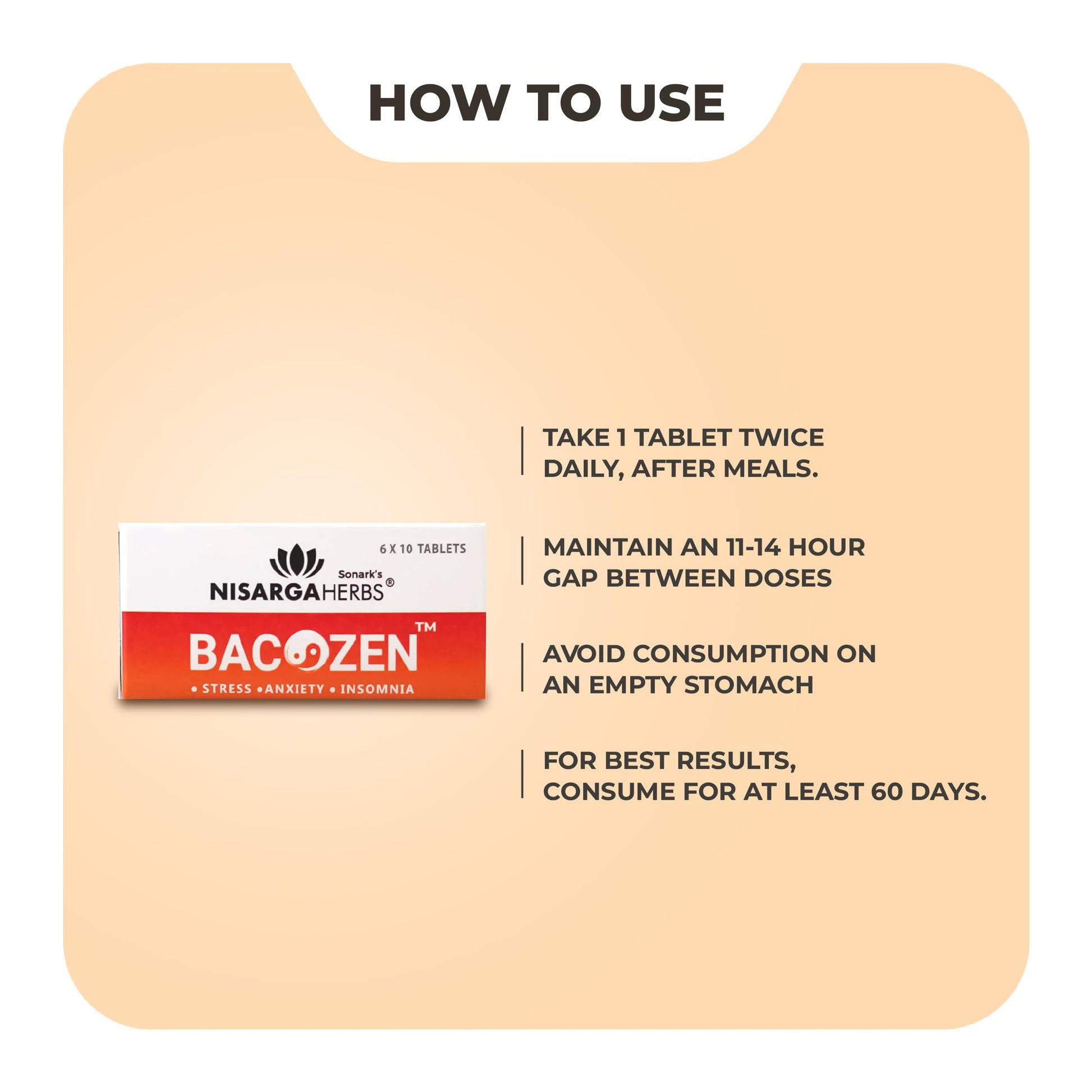 SONARK'S NISARGAHERBS Bacozen Herbal Supplement, 60 Tablets with Ashwagandha & Brahmi Extracts - label detail