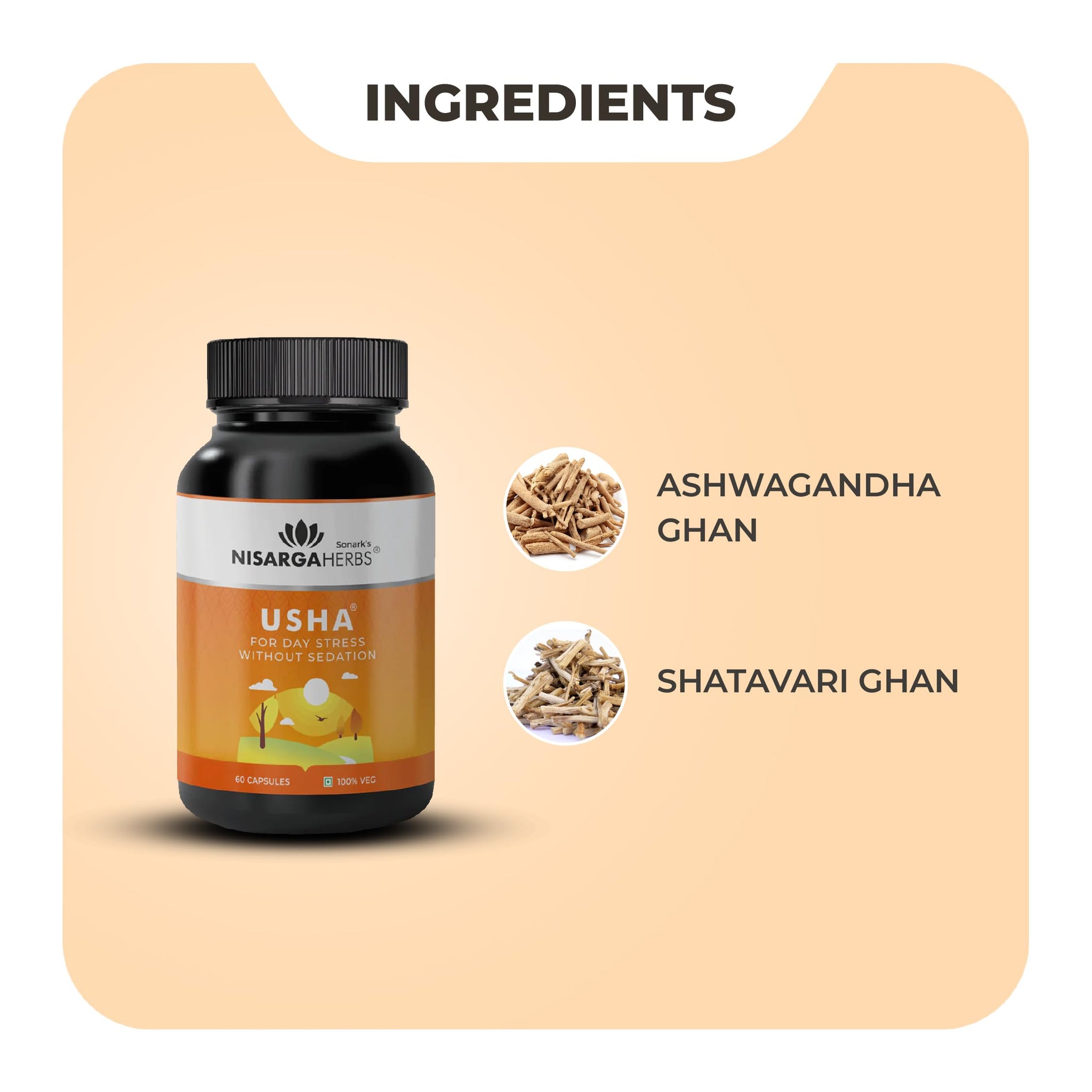 SONARK'S NISARGAHERBS Usha Ashwagandha & Shatavari Ayurvedic Herbal Supplement, 60 Veg Capsules - back view