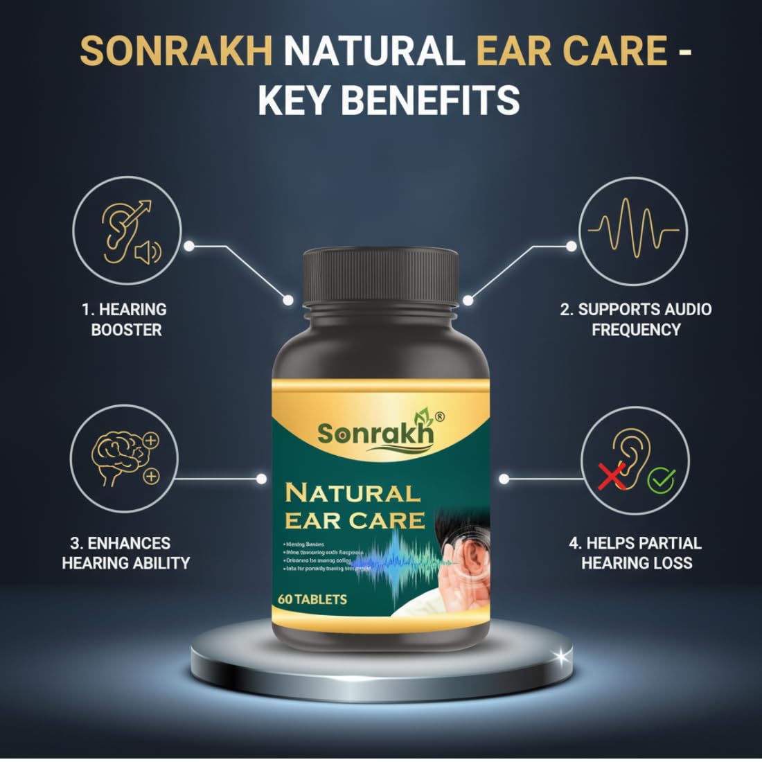 Sonrakh Natural Ear Care Tablets, 60 Count, Ayurvedic Herbal Supplement, 95g Bottle - packaging