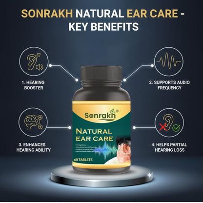 Sonrakh Natural Ear Care Tablets, 60 Count, Ayurvedic Herbal Supplement, 95g Bottle - packaging
